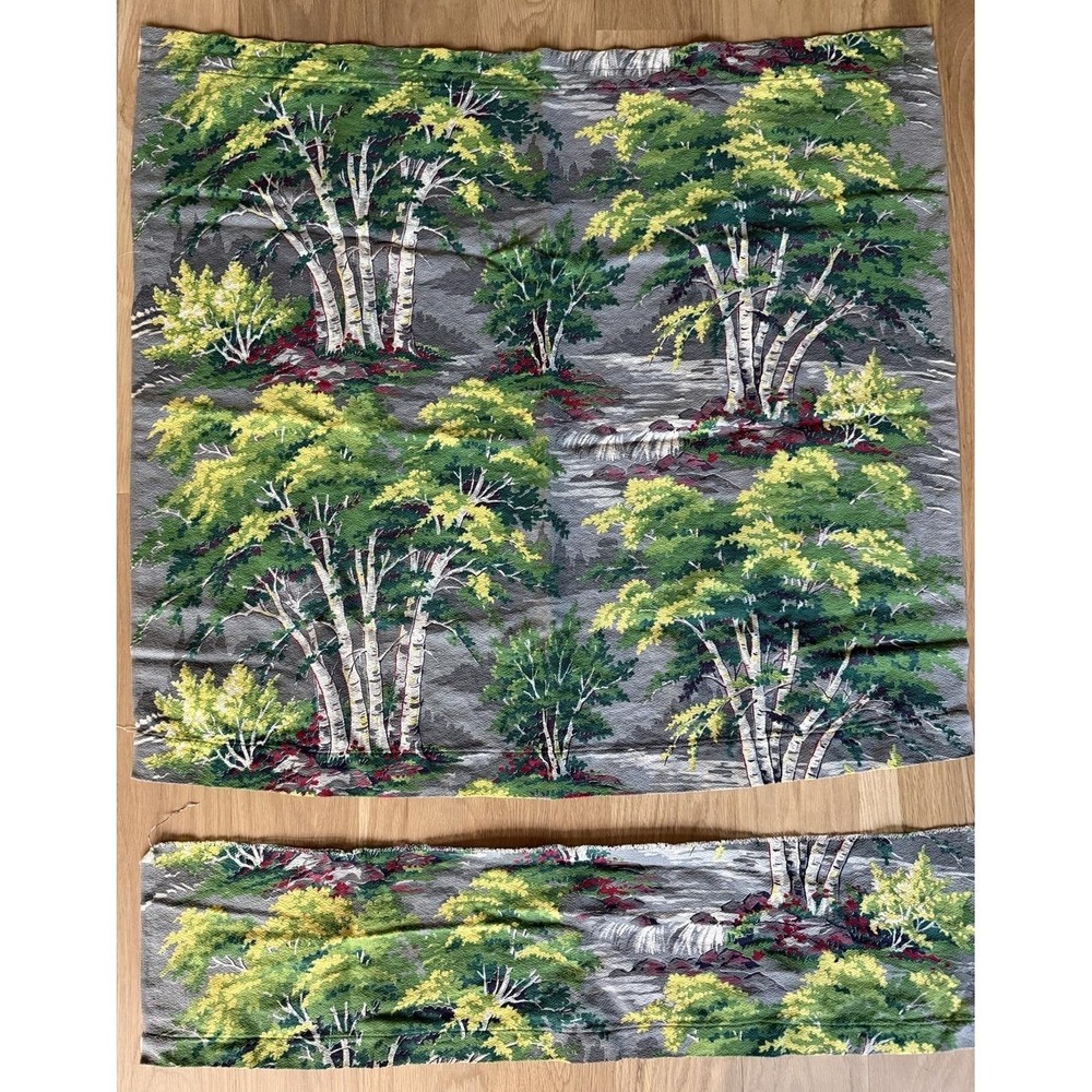 VTG McM 50's Birch Trees Barkcloth Fabric Lot 2 Panels Landscape Stream Forest